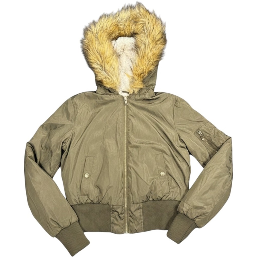 Rue21 Olive Green Faux Fur Trim Hooded Bomber Jacket Medium Crop Utility